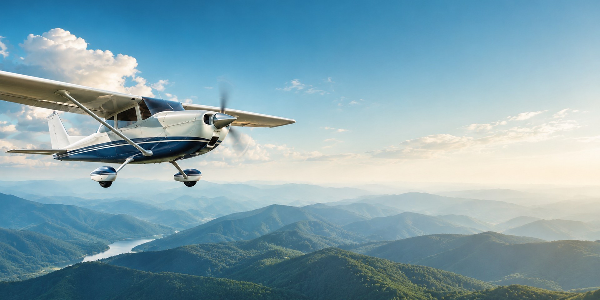 Personal aircraft over bright blue mountains