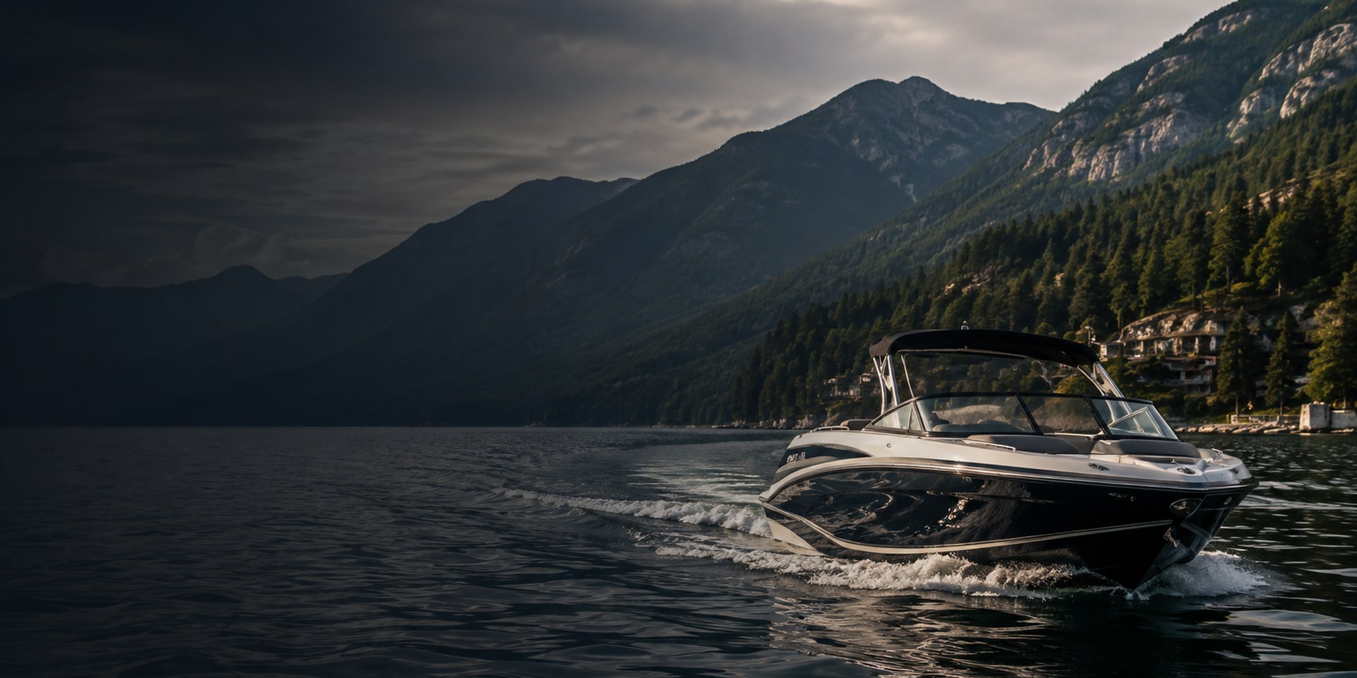 Performance boat on a scenic mountain lake