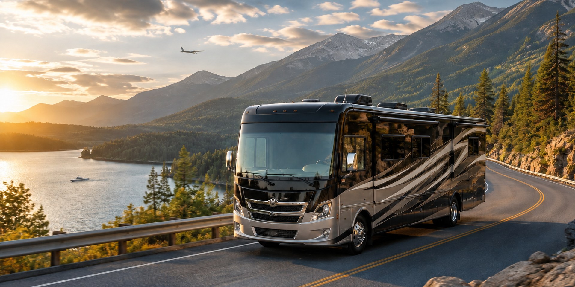 Luxury RV traveling beside a mountain lake